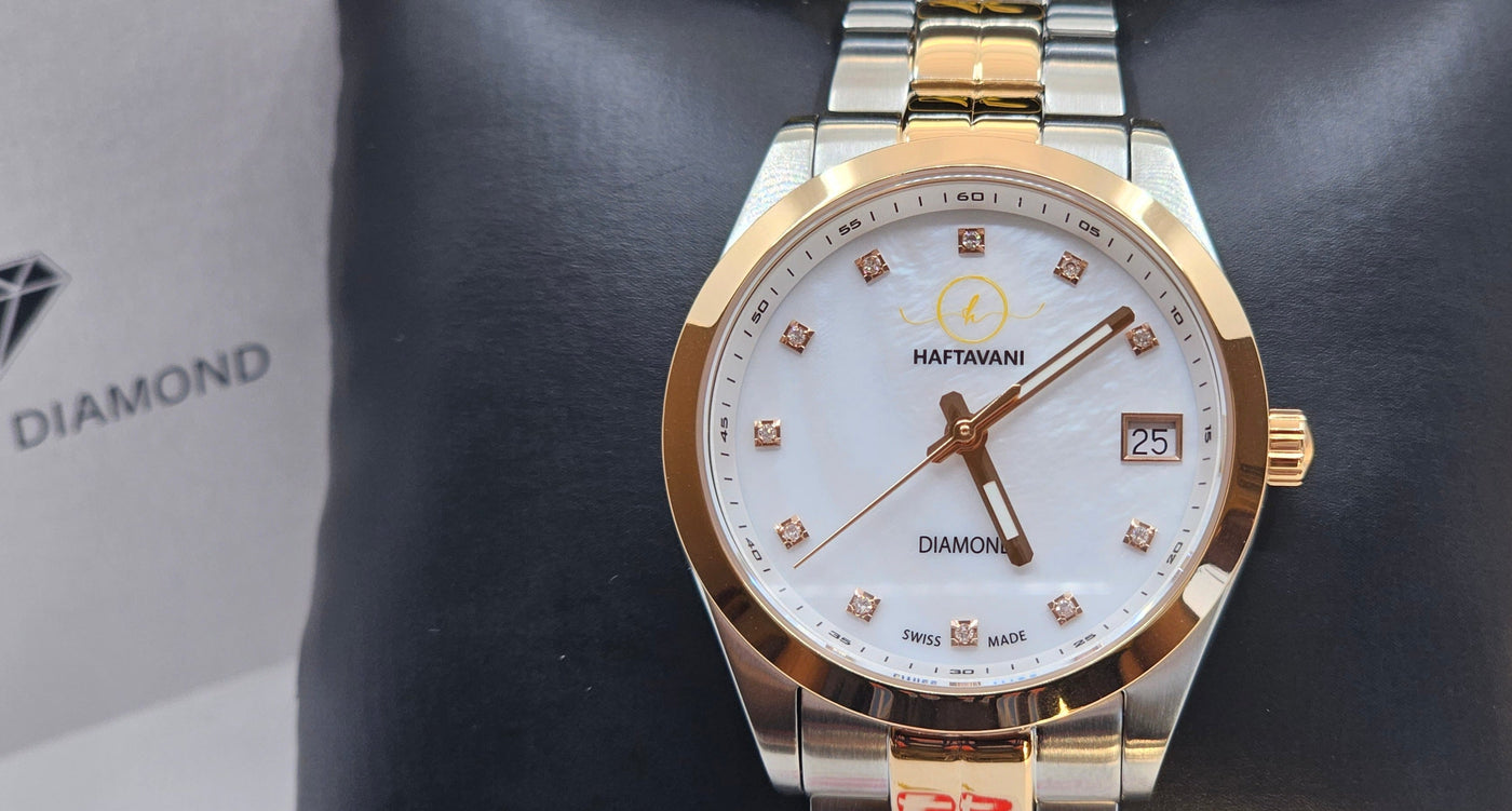 Haftavani HPL40210.05 Diamond Queen Bicolour Silver Rose Gold Stainless Steel Lady Watch Swiss Made Marble Face